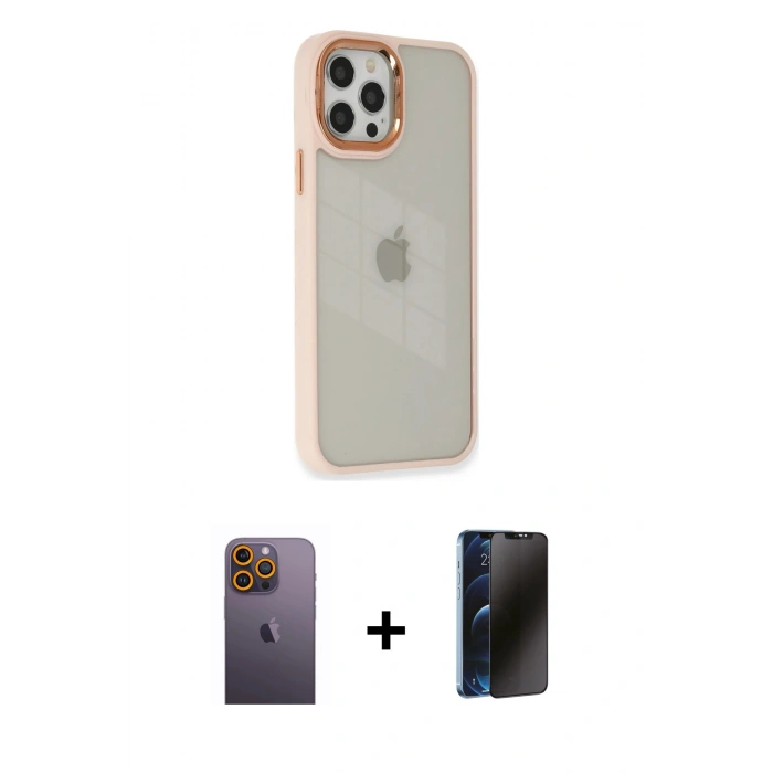 MARSİLYAN™- iPhone 12 Pro Max Kılıf Eksen Doku Prime - Siyah 3D Antistatik Hayalet Cam Ekran Koruyucu + Neon Fosforlu Kamera Lens - SI