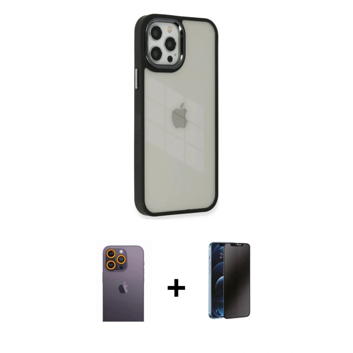 MARSİLYAN™- iPhone 12 Pro Max Kılıf Eksen Doku Prime - Siyah 3D Antistatik Hayalet Cam Ekran Koruyucu + Neon Fosforlu Kamera Lens - SI