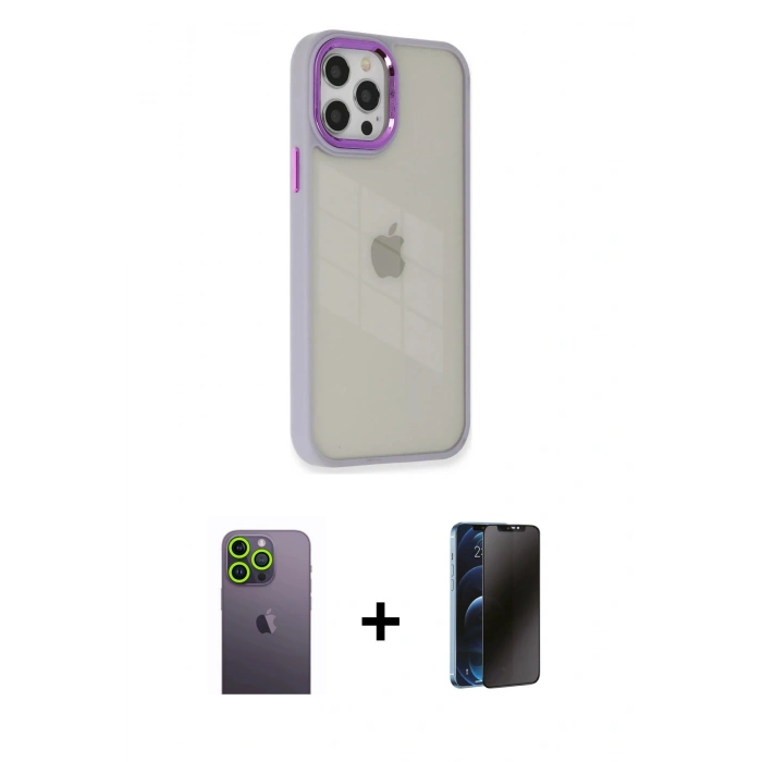 MARSİLYAN™- iPhone 12 Pro Max Kılıf Eksen Doku Prime - Siyah 3D Antistatik Hayalet Cam Ekran Koruyucu + Neon Fosforlu Kamera Lens - YL