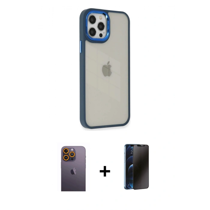 MARSİLYAN™- iPhone 12 Pro Max Kılıf Eksen Doku Prime - Siyah 3D Antistatik Hayalet Cam Ekran Koruyucu + Neon Fosforlu Kamera Lens - SI