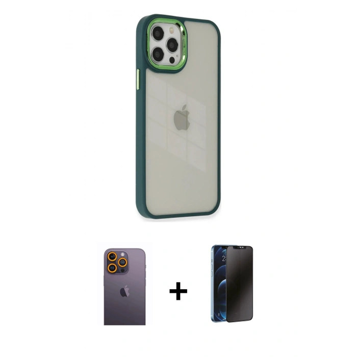 MARSİLYAN™- iPhone 12 Pro Max Kılıf Eksen Doku Prime - Siyah 3D Antistatik Hayalet Cam Ekran Koruyucu + Neon Fosforlu Kamera Lens - SI
