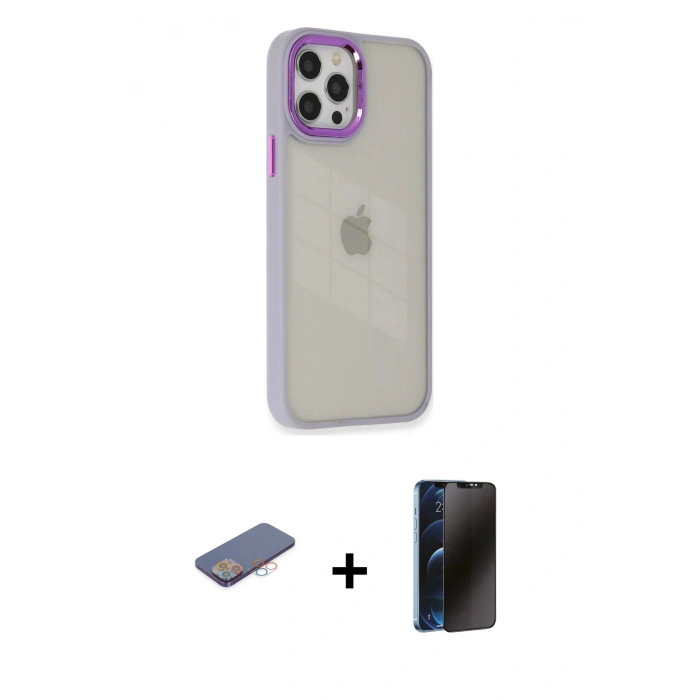 MARSİLYAN™- iPhone 12 Pro Max Kılıf Eksen Doku Prime - Siyah 3D Antistatik Hayalet Cam Ekran Koruyucu + Renkli Kamera Lens Koruma Cam - PE