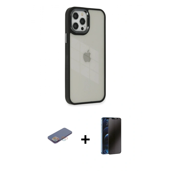 MARSİLYAN™- iPhone 12 Pro Max Kılıf Eksen Doku Prime - Siyah 3D Antistatik Hayalet Cam Ekran Koruyucu + Renkli Kamera Lens Koruma Cam - PE