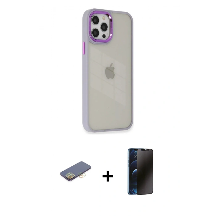 MARSİLYAN™- iPhone 12 Pro Max Kılıf Eksen Doku Prime - Siyah 3D Antistatik Hayalet Cam Ekran Koruyucu + Renkli Kamera Lens Koruma Cam - SI