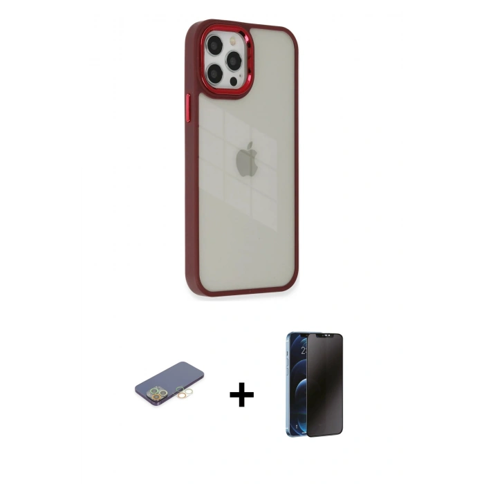 MARSİLYAN™- iPhone 12 Pro Max Kılıf Eksen Doku Prime - Siyah 3D Antistatik Hayalet Cam Ekran Koruyucu + Renkli Kamera Lens Koruma Cam - SI