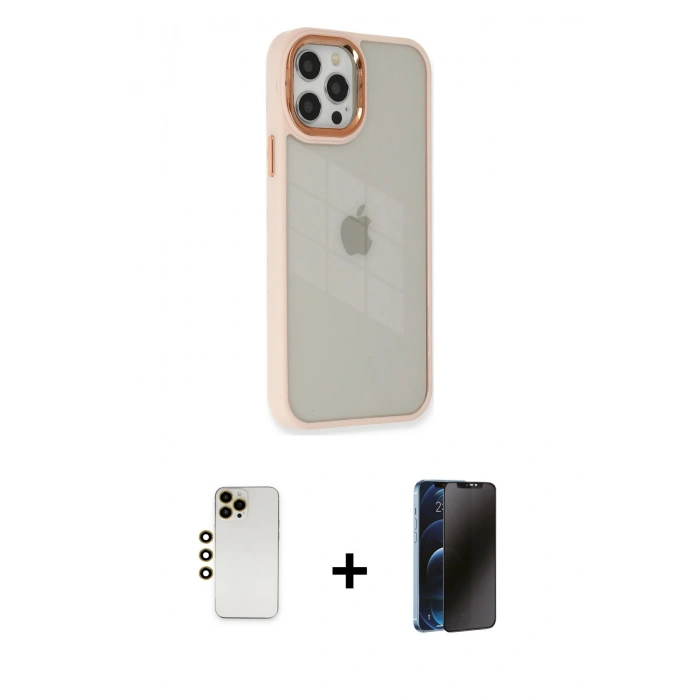 MARSİLYAN™- iPhone 12 Pro Max Kılıf Eksen Doku Prime - Siyah 3D Antistatik Hayalet Cam Ekran Koruyucu + Shine Kamera Lens - GD