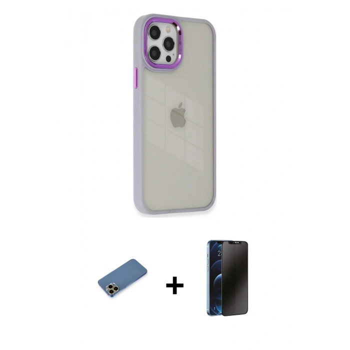 MARSİLYAN™- iPhone 12 Pro Max Kılıf Eksen Doku Prime - Siyah 3D Antistatik Hayalet Cam Ekran Koruyucu + Shine Kamera Lens Koruma Cam - GD