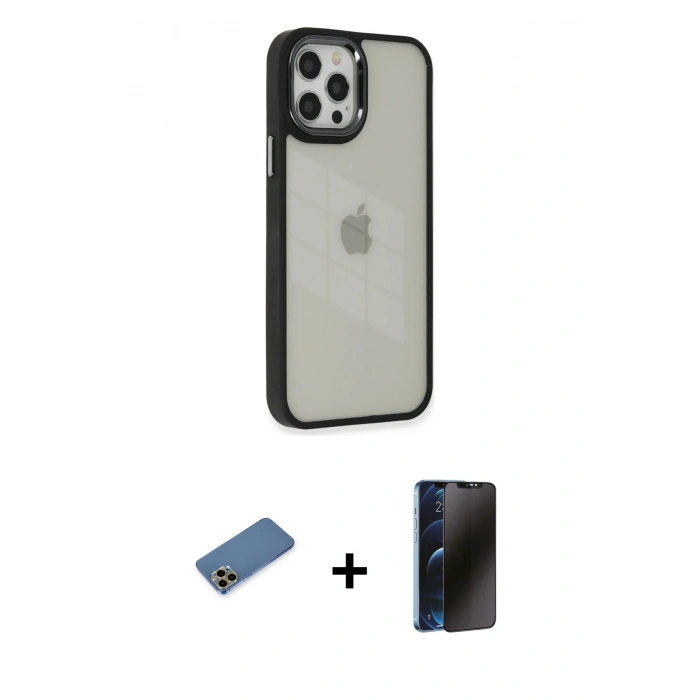 MARSİLYAN™- iPhone 12 Pro Max Kılıf Eksen Doku Prime - Siyah 3D Antistatik Hayalet Cam Ekran Koruyucu + Shine Kamera Lens Koruma Cam - GD