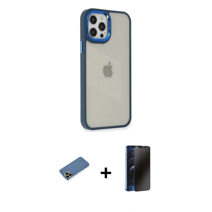 MARSİLYAN™- iPhone 12 Pro Max Kılıf Eksen Doku Prime - Siyah 3D Antistatik Hayalet Cam Ekran Koruyucu + Shine Kamera Lens Koruma Cam - GD