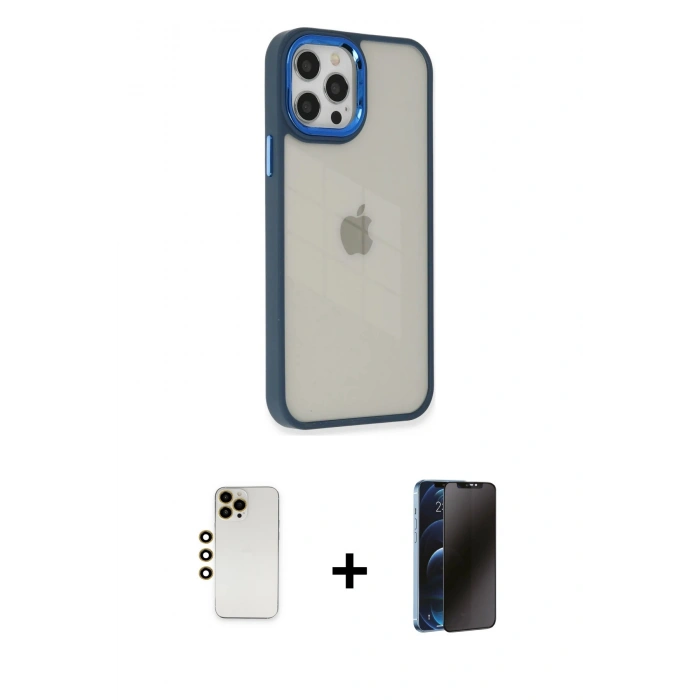 MARSİLYAN™- iPhone 12 Pro Max Kılıf Eksen Doku Prime - Siyah 3D Antistatik Hayalet Cam Ekran Koruyucu + Shine Kamera Lens - GD
