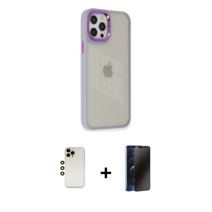 MARSİLYAN™- iPhone 12 Pro Max Kılıf Eksen Doku Prime - Siyah 3D Antistatik Hayalet Cam Ekran Koruyucu + Shine Kamera Lens - GD