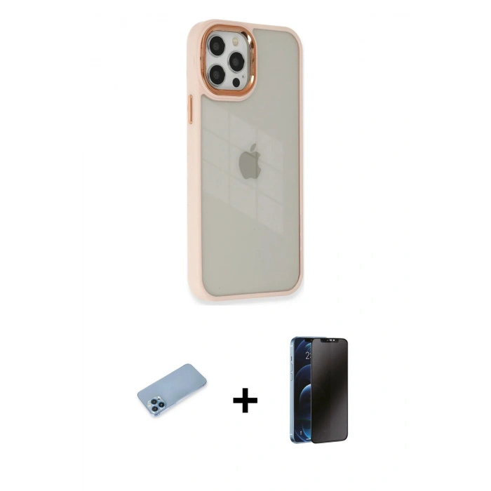 MARSİLYAN™- iPhone 12 Pro Max Kılıf Eksen Doku Prime - Siyah 3D Antistatik Hayalet Cam Ekran Koruyucu + Shine Kamera Lens Koruma Cam - MI