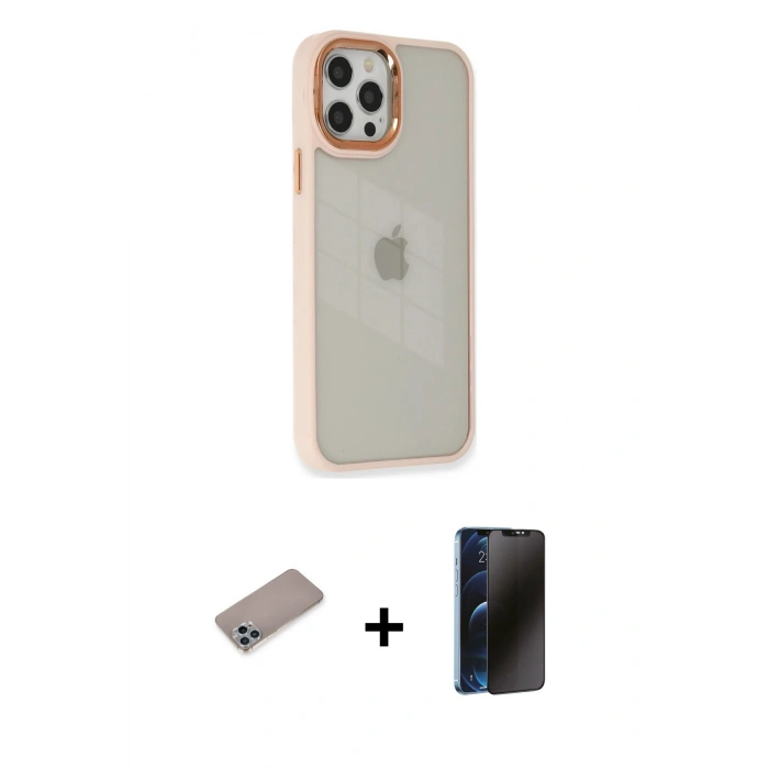 MARSİLYAN™- iPhone 12 Pro Max Kılıf Eksen Doku Prime - Siyah 3D Antistatik Hayalet Cam Ekran Koruyucu + Shine Kamera Lens Koruma Cam - SABE