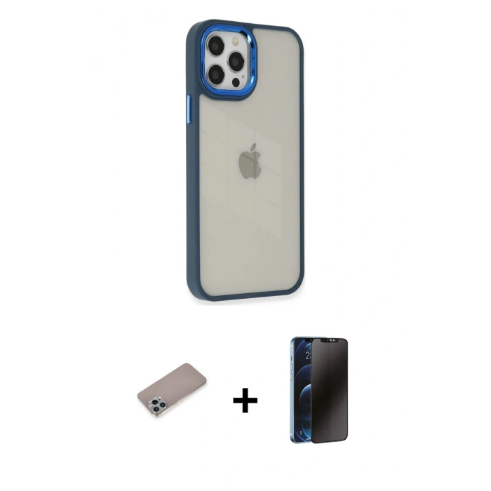 MARSİLYAN™- iPhone 12 Pro Max Kılıf Eksen Doku Prime - Siyah 3D Antistatik Hayalet Cam Ekran Koruyucu + Shine Kamera Lens Koruma Cam - SABE
