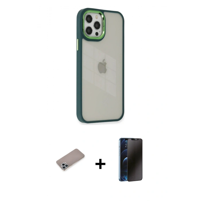 MARSİLYAN™- iPhone 12 Pro Max Kılıf Eksen Doku Prime - Siyah 3D Antistatik Hayalet Cam Ekran Koruyucu + Shine Kamera Lens Koruma Cam - SABE