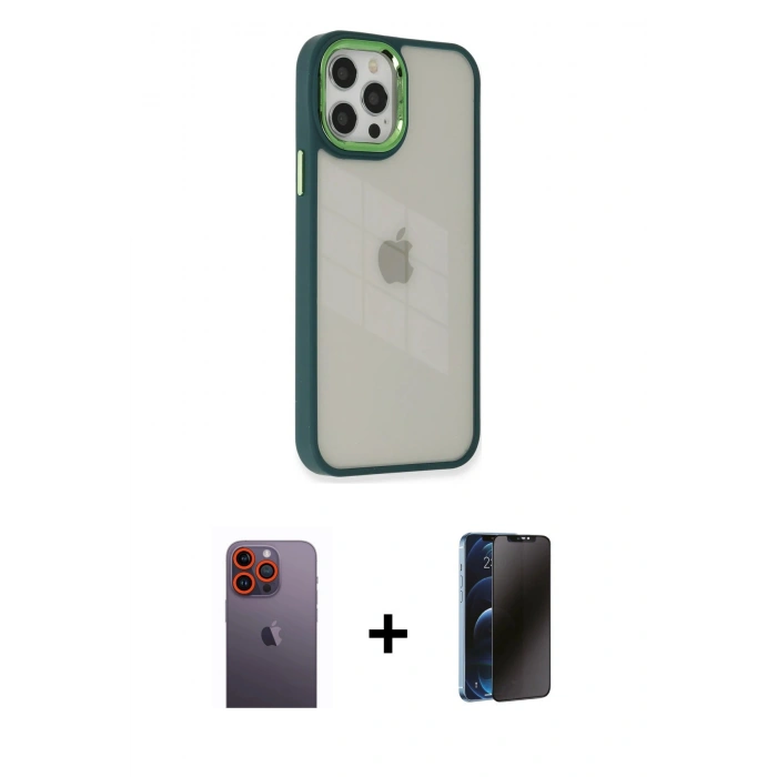 MARSİLYAN™- iPhone 12 Pro Max Kılıf Eksen Doku Prime - Siyah 3D Antistatik Hayalet Cam Ekran Koruyucu + Turuncu Neon Fosforlu Kamera Lens