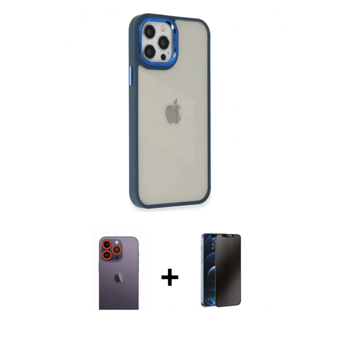 MARSİLYAN™- iPhone 12 Pro Max Kılıf Eksen Doku Prime - Siyah 3D Antistatik Hayalet Cam Ekran Koruyucu + Turuncu Neon Fosforlu Kamera Lens