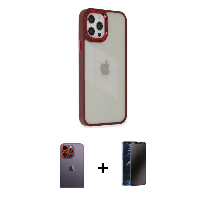 MARSİLYAN™- iPhone 12 Pro Max Kılıf Eksen Doku Prime - Siyah 3D Antistatik Hayalet Cam Ekran Koruyucu + Turuncu Neon Fosforlu Kamera Lens