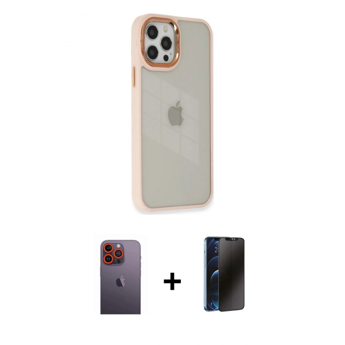 MARSİLYAN™- iPhone 12 Pro Max Kılıf Eksen Doku Prime - Siyah 3D Antistatik Hayalet Cam Ekran Koruyucu + Turuncu Neon Fosforlu Kamera Lens