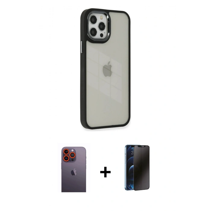 MARSİLYAN™- iPhone 12 Pro Max Kılıf Eksen Doku Prime - Siyah 3D Antistatik Hayalet Cam Ekran Koruyucu + Turuncu Neon Fosforlu Kamera Lens