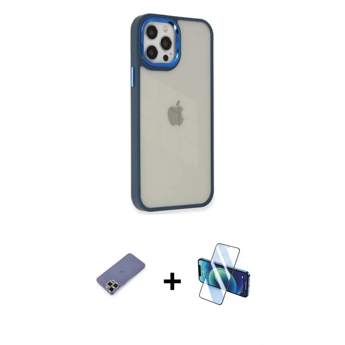 MARSİLYAN™- iPhone 12 Pro Max Kılıf Eksen Doku Prime - Siyah 3D Antistatik Seramik Nano Ekran Koruyucu + Metal Kamera Lens Koruma Cam - GD