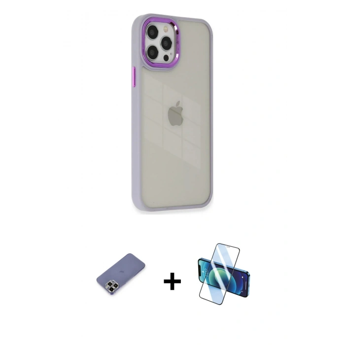 MARSİLYAN™- iPhone 12 Pro Max Kılıf Eksen Doku Prime - Siyah 3D Antistatik Seramik Nano Ekran Koruyucu + Metal Kamera Lens Koruma Cam - GD
