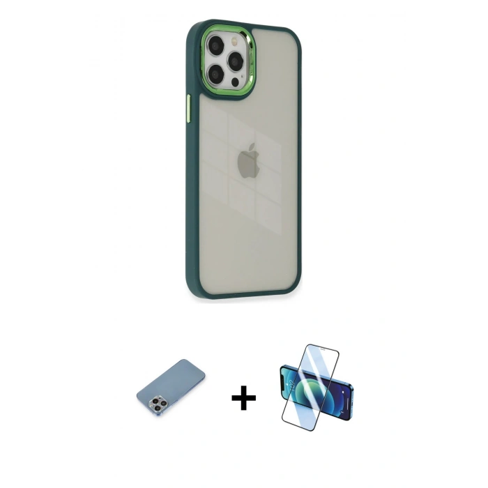 MARSİLYAN™- iPhone 12 Pro Max Kılıf Eksen Doku Prime - Siyah 3D Antistatik Seramik Nano Ekran Koruyucu + Gökkuşağı Shine Kamera Lens Koruma Cam