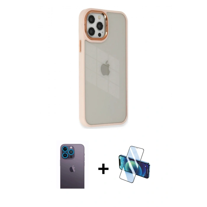MARSİLYAN™- iPhone 12 Pro Max Kılıf Eksen Doku Prime - Siyah 3D Antistatik Seramik Nano Ekran Koruyucu + Neon Fosforlu Kamera Lens - MI