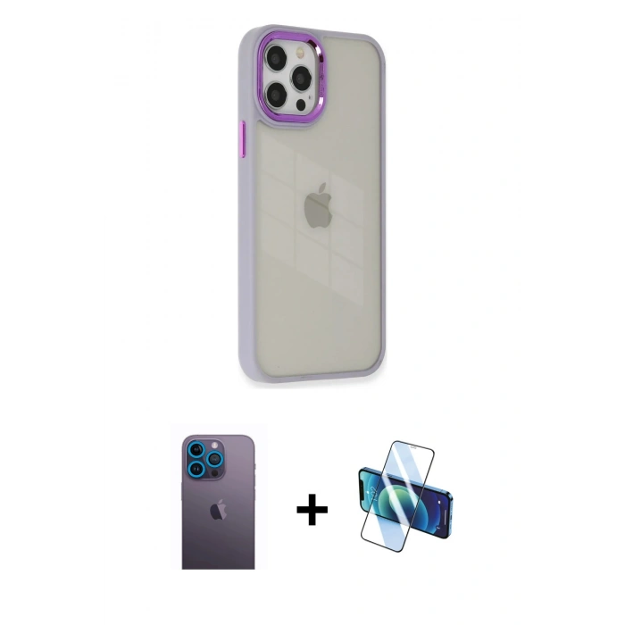 MARSİLYAN™- iPhone 12 Pro Max Kılıf Eksen Doku Prime - Siyah 3D Antistatik Seramik Nano Ekran Koruyucu + Neon Fosforlu Kamera Lens - MI