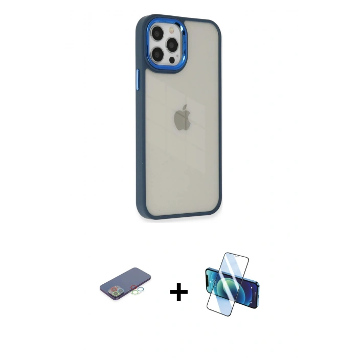 MARSİLYAN™- iPhone 12 Pro Max Kılıf Eksen Doku Prime - Siyah 3D Antistatik Seramik Nano Ekran Koruyucu + Renkli Kamera Lens Koruma Cam - MI