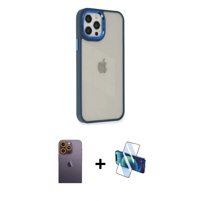 MARSİLYAN™- iPhone 12 Pro Max Kılıf Eksen Doku Prime - Siyah 3D Antistatik Seramik Nano Ekran Koruyucu + Neon Fosforlu Kamera Lens - SI
