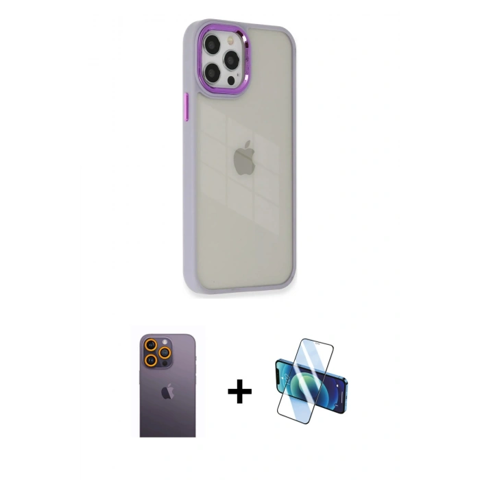 MARSİLYAN™- iPhone 12 Pro Max Kılıf Eksen Doku Prime - Siyah 3D Antistatik Seramik Nano Ekran Koruyucu + Neon Fosforlu Kamera Lens - SI