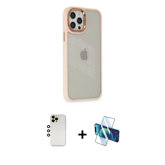 MARSİLYAN™- iPhone 12 Pro Max Kılıf Eksen Doku Prime - Siyah 3D Antistatik Seramik Nano Ekran Koruyucu + Shine Kamera Lens - GD