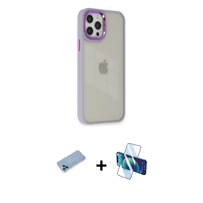MARSİLYAN™- iPhone 12 Pro Max Kılıf Eksen Doku Prime - Siyah 3D Antistatik Seramik Nano Ekran Koruyucu + Shine Kamera Lens Koruma Cam - MI