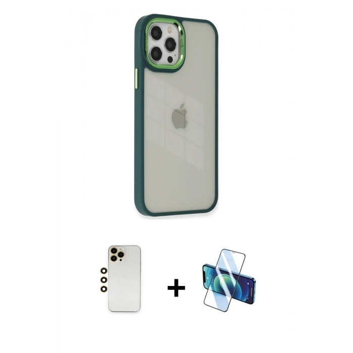 MARSİLYAN™- iPhone 12 Pro Max Kılıf Eksen Doku Prime - Siyah 3D Antistatik Seramik Nano Ekran Koruyucu + Shine Kamera Lens - GD