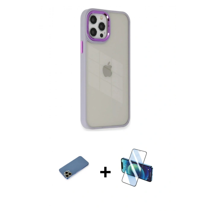 MARSİLYAN™- iPhone 12 Pro Max Kılıf Eksen Doku Prime - Siyah 3D Antistatik Seramik Nano Ekran Koruyucu + Shine Kamera Lens Koruma Cam - GD
