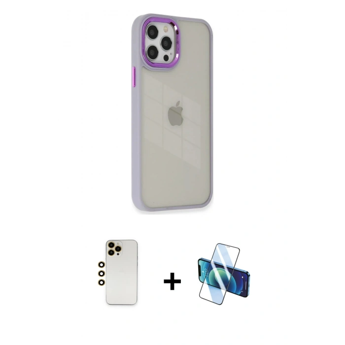MARSİLYAN™- iPhone 12 Pro Max Kılıf Eksen Doku Prime - Siyah 3D Antistatik Seramik Nano Ekran Koruyucu + Shine Kamera Lens - GD