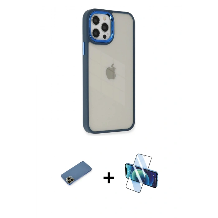 MARSİLYAN™- iPhone 12 Pro Max Kılıf Eksen Doku Prime - Siyah 3D Antistatik Seramik Nano Ekran Koruyucu + Shine Kamera Lens Koruma Cam - GD
