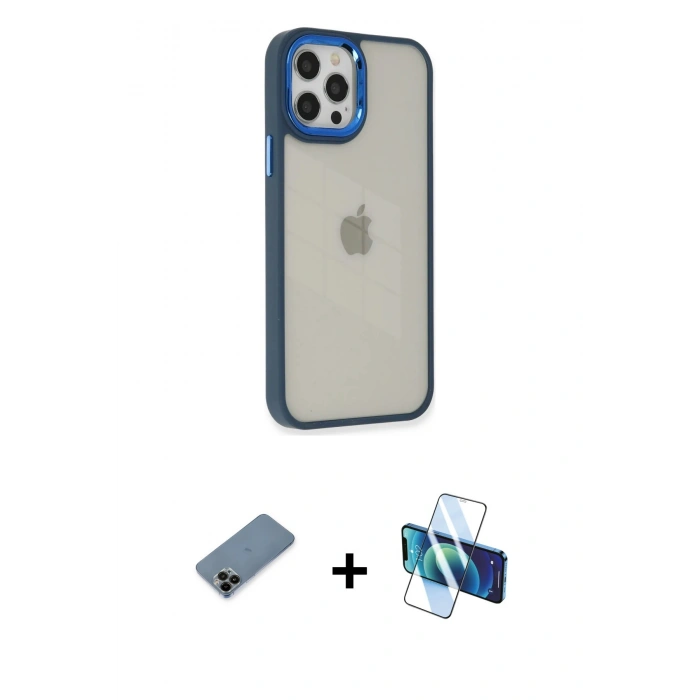 MARSİLYAN™- iPhone 12 Pro Max Kılıf Eksen Doku Prime - Siyah 3D Antistatik Seramik Nano Ekran Koruyucu + Shine Kamera Lens Koruma Cam - SH