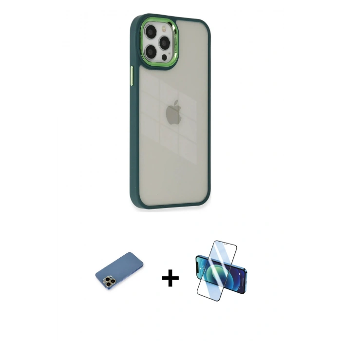 MARSİLYAN™- iPhone 12 Pro Max Kılıf Eksen Doku Prime - Siyah 3D Antistatik Seramik Nano Ekran Koruyucu + Shine Kamera Lens Koruma Cam - GD