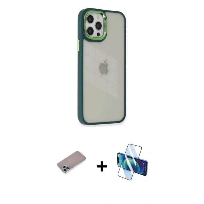 MARSİLYAN™- iPhone 12 Pro Max Kılıf Eksen Doku Prime - Siyah 3D Antistatik Seramik Nano Ekran Koruyucu + Sierra Blue Shine Kamera Lens Koruma Cam