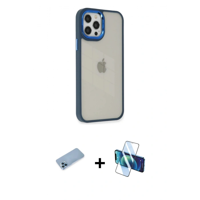 MARSİLYAN™- iPhone 12 Pro Max Kılıf Eksen Doku Prime - Siyah 3D Antistatik Seramik Nano Ekran Koruyucu + Shine Kamera Lens Koruma Cam - MI