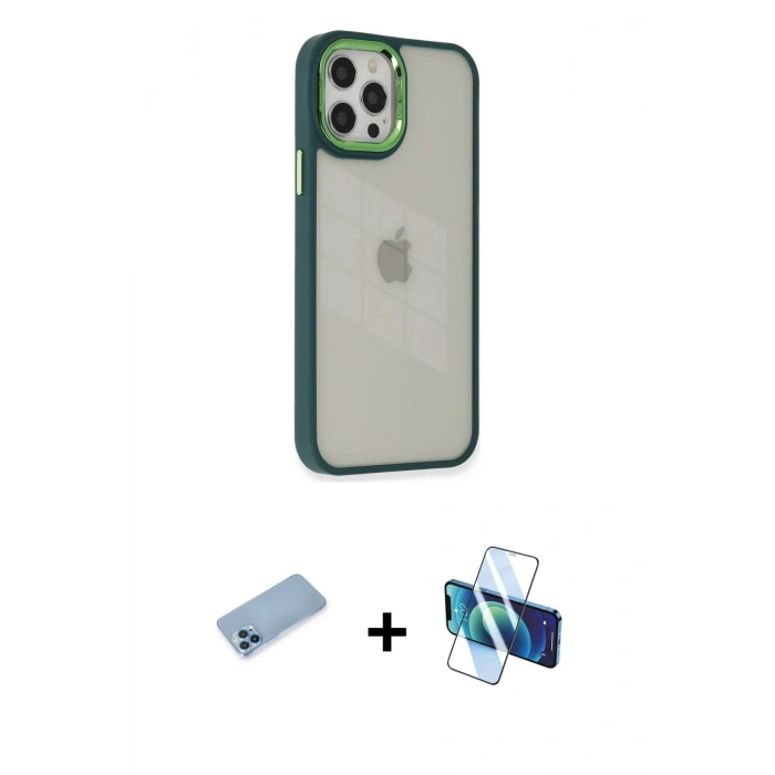 MARSİLYAN™- iPhone 12 Pro Max Kılıf Eksen Doku Prime - Siyah 3D Antistatik Seramik Nano Ekran Koruyucu + Shine Kamera Lens Koruma Cam - MI