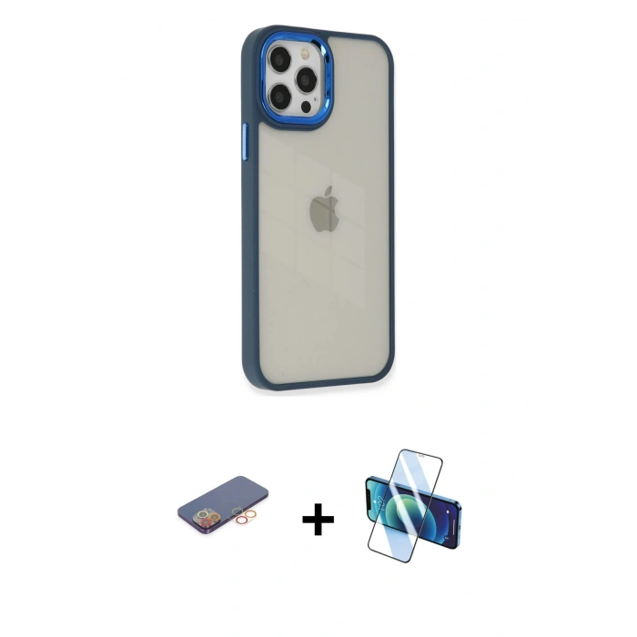 MARSİLYAN™- iPhone 12 Pro Max Kılıf Eksen Doku Prime - Siyah 3D Antistatik Seramik Nano Ekran Koruyucu + Renkli Kamera Lens Koruma Cam - TU
