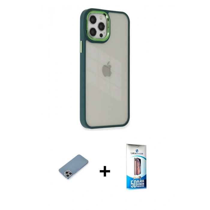 MARSİLYAN™- iPhone 12 Pro Max Kılıf Eksen Doku Prime - Siyah 5D Eko Cam Ekran Koruyucu + Gökkuşağı Shine Kamera Lens Koruma Cam