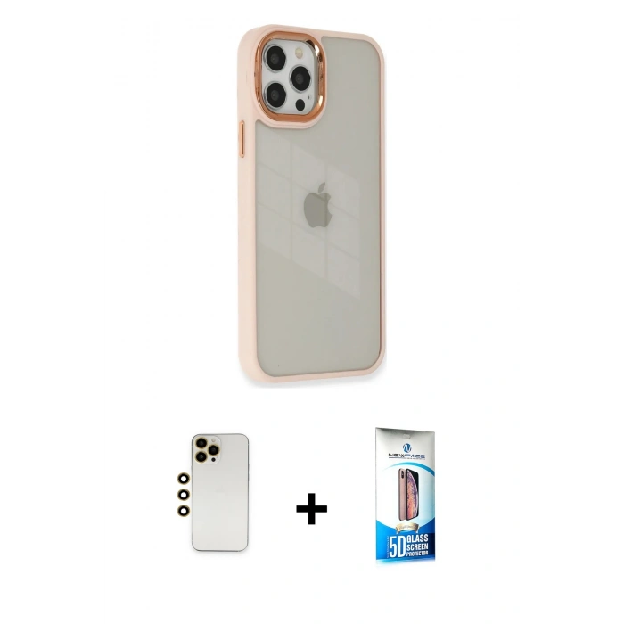 MARSİLYAN™- iPhone 12 Pro Max Kılıf Eksen Doku Prime - Siyah 5D Eko Cam Ekran Koruyucu + Gold Shine Kamera Lens