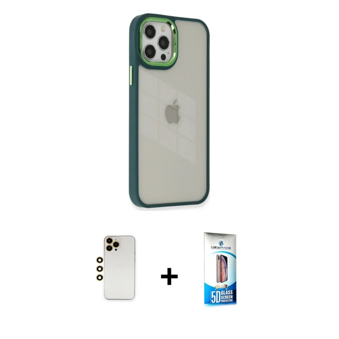 MARSİLYAN™- iPhone 12 Pro Max Kılıf Eksen Doku Prime - Siyah 5D Eko Cam Ekran Koruyucu + Gold Shine Kamera Lens