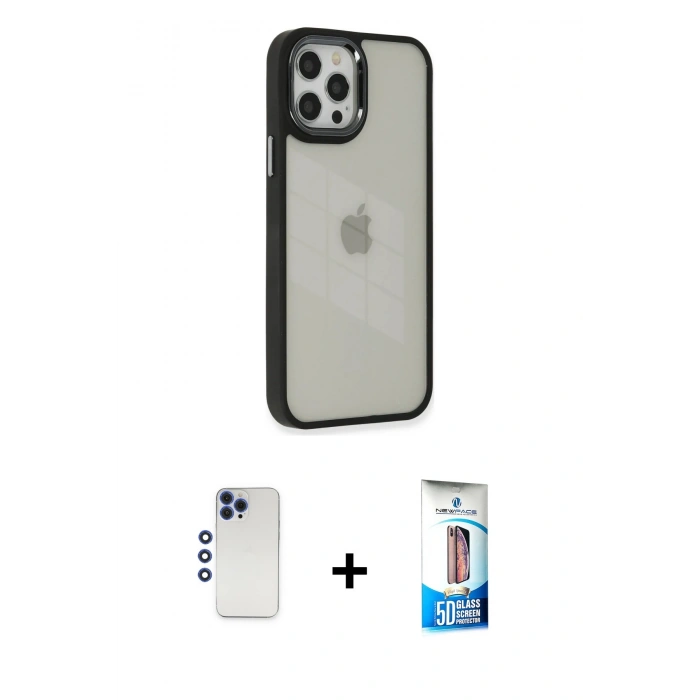 MARSİLYAN™- iPhone 12 Pro Max Kılıf Eksen Doku Prime - Siyah 5D Eko Cam Ekran Koruyucu + Shine Kamera Lens - LT