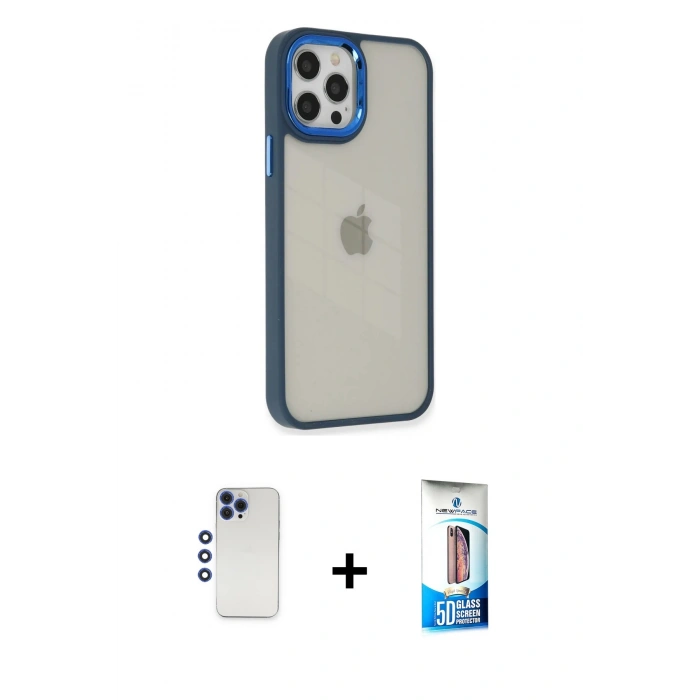 MARSİLYAN™- iPhone 12 Pro Max Kılıf Eksen Doku Prime - Siyah 5D Eko Cam Ekran Koruyucu + Shine Kamera Lens - LT