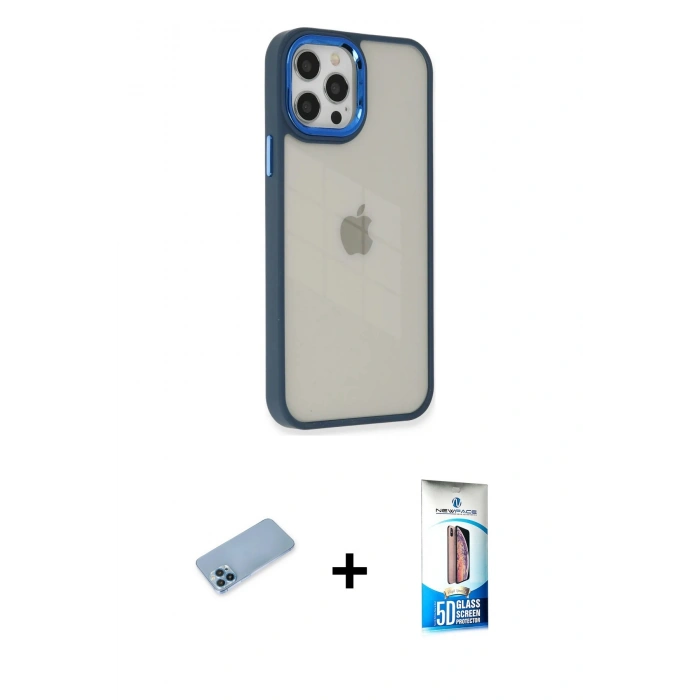 MARSİLYAN™- iPhone 12 Pro Max Kılıf Eksen Doku Prime - Siyah 5D Eko Cam Ekran Koruyucu + Mavi Shine Kamera Lens Koruma Cam